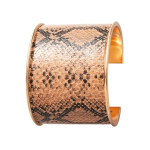 Wide cuff bracelet with brown snakeskin pattern leather and gold metal frame