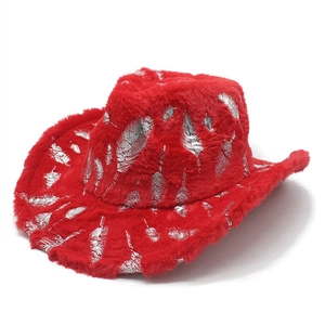 Red Christmas cowboy hat with silver feather prints and plush finish for festive parties