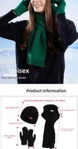 Detailed size chart for winter knitted 3-piece set including hat, scarf, and gloves