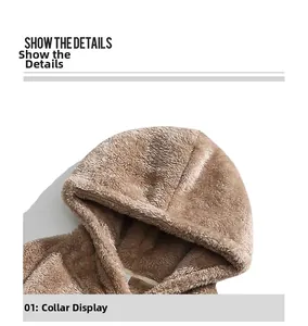 Detail view of the plush drawstring hood and warm neckline on this camel fleece hoodie