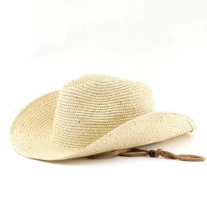Beige woven straw cowboy hat with curved brim and adjustable brown chin strap