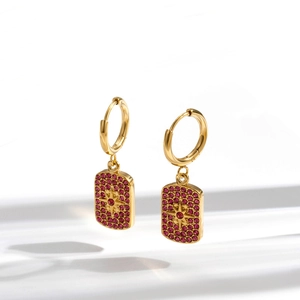 Luxurious gold square pendant earrings with red micro-inlaid stones and star detail