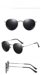 Three views of vintage round polarized sunglasses with gunmetal frames and black lenses