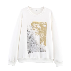 Women Crewneck Sweatshirt Cotton Polyester Blend Long Sleeve Abstract Metallic Art Print Streetwear Casual Pullover White