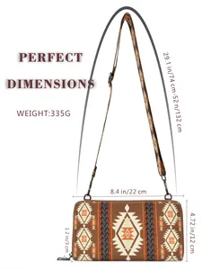 Detailed dimension chart showing size and strap length of bohemian canvas clutch bag