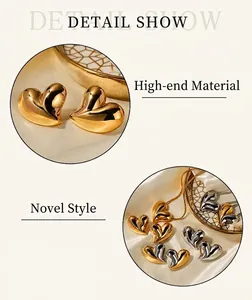 Chic 18K gold plated stainless steel heart stud earrings and necklace jewelry set