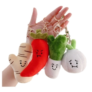 Cute plush vegetable keychain set featuring ginger, chili, onion and garlic with metal clips