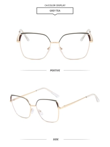 Detail view of cat eye metal frame glasses in grey tea finish and adjustable nose pads