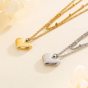 Doppellagige Herz Anhänger Halskette 316L Edelstahl Zierliche Perlenkette Polierter Minimalistischer Schmuck Geschenk Frauen
