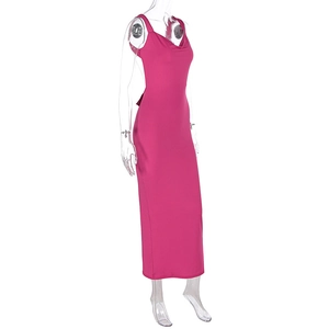 Detail of rose pink cowl neck maxi dress with slim straps and bodycon fit design