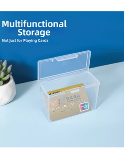 Close-up of a clear plastic storage box with hinged lid holding a single bank card