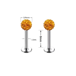 Gold crystal ball piercing jewelry with 8mm length and 1.2mm gauge steel bar detail