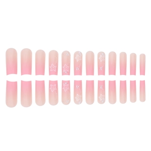 Pink ombre coffin press-on nails set with delicate 3D white flowers and pearl accents