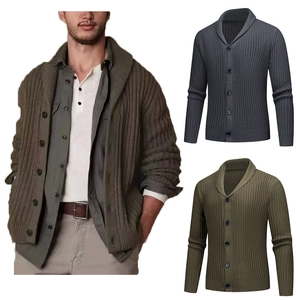 Men's Shawl Collar Knitted Cardigan Acrylic Vertical Striped Long Sleeve Button Down Sweater Casual Autumn Winter Warm Top