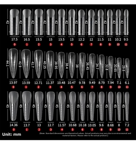 Detailed size guide showing dimensions for square, pointed, and coffin clear nail tips