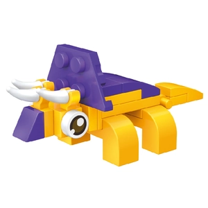 Macro detail of triceratops building block toy with yellow and purple pieces