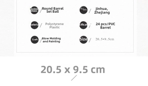 Detailed size and material specification chart for the 24-piece Christmas ball ornament set