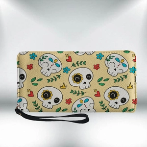 Long zip-around wallet with colorful skull and floral patterns on khaki PU leather