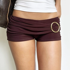 Sexy Low Waist Hot Shorts With Metal Ring Ruched Knit Mini Pants For Summer Beach Clubwear Women