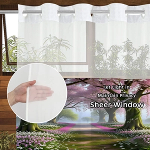 Waterproof waffle shower curtain with cherry blossom print and sheer window panel