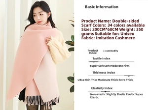 Detail of soft pink cashmere-like scarf with fringe edges and 350g thick warm texture