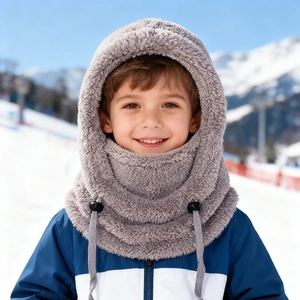 Kids warm gray fleece balaclava hood with adjustable drawstring for winter skiing