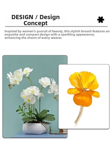 Detailed close-up of vibrant yellow enamel iris brooch with elegant gold metal stem