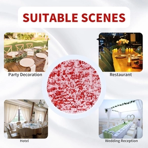 Collage of red lace table placemat showing detail and diverse event usage scenes
