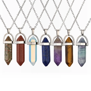 Hexagonal Prism Natural Stone Pendant Necklace Metal Chain Healing Crystal Reiki Point Jewelry For Women And Men Retro