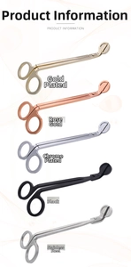 Macro shot of stainless steel candle wick trimmers in gold, rose gold, and matte black finishes