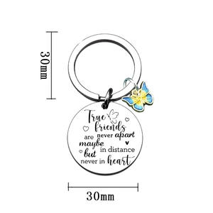 Stainless Steel Friendship Keychain Blue Enamel Butterfly Charm Engraved Heart Key Ring Gift For Best Friend Women Jewelry