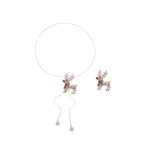 Christmas reindeer necklace and brooch set with silver rhinestones and red scarf accents