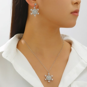 Detailed view of rhinestone snowflake pendant necklace and earrings worn by a model