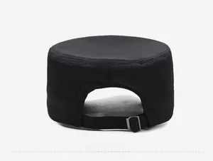 Rear view of black breathable mesh cadet hat with adjustable metal buckle and strap