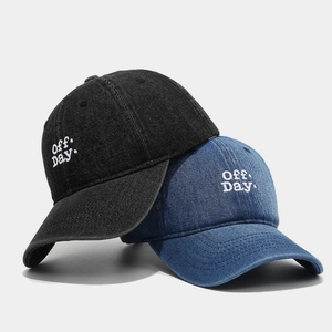 Denim baseball caps with Off Days embroidery in dark grey and washed blue finishes