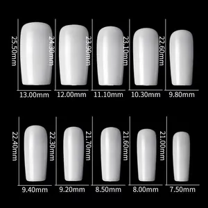 Size chart showing width and length for 10 sizes of ballerina full cover nail tips