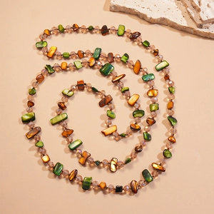 Double-layered beaded necklace with green and amber irregular stones in vintage style