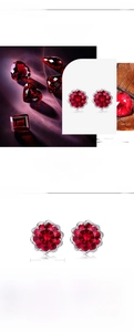 Detail of 8mm flower lab-grown ruby stud earrings in S925 sterling silver setting