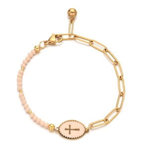 Asymmetric gold paperclip chain and pink beaded bracelet with cross oval charm