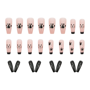 Cute pink and black cat paw cartoon press-on nails in long ballerina shape, 24 piece set