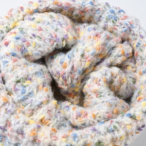 Close-up of knit winter hat showing warm confetti jacquard pattern and textured wool