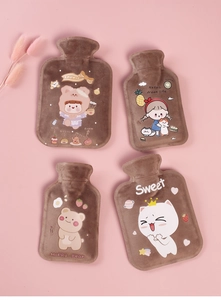 Flat lay of four mini plush water bags with cute cartoon patterns on pink backdrop