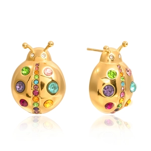 Golden ladybug stud earrings with multicolor crystals and white diamond accents