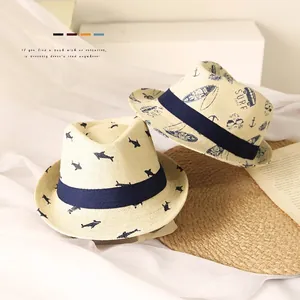 Kids Straw Fedora Hat Breathable Sun Protection Jazz Hat Cartoon Shark Surf Print Boys Girls Summer Beach Accessory