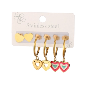 18K gold plated stainless steel earring set featuring colorful enamel heart charms