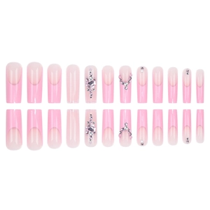 Long coffin french pink press-on nails with luxury rhinestones and heart patterns