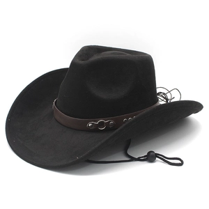 Classic black suede western cowboy hat with studded leather band and adjustable chin strap
