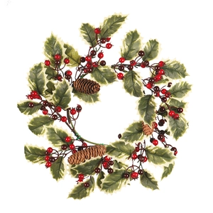 Christmas wreath with holly leaves, red berries and pine cones on a white background