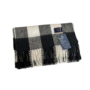 British style black and white plaid cashmere-like scarf with tassels and brand labels