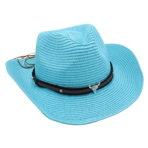 Detail of blue straw cowboy hat featuring a black leather band and silver bull head charm